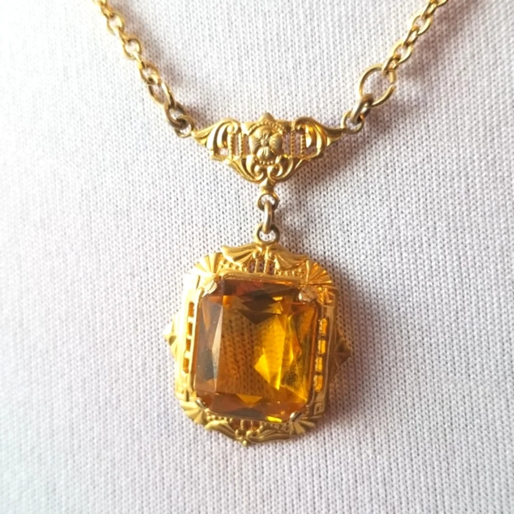 Vintage Art Deco necklace yellow gem gold tone faceted 1920s 1930s Gatsby